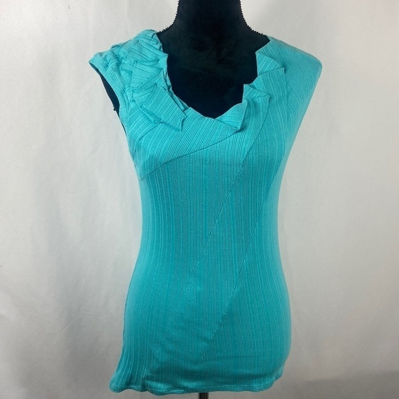 One September Turquoise Ribbed Asymmetrical Tank Top with Ruffle Accent - Picture 1 of 7